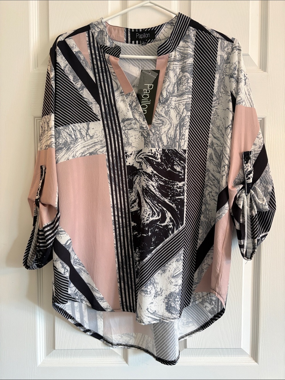 NWT PAPILLON Pink, Black & White Marble/ Geometric Print V-Neck Blouse